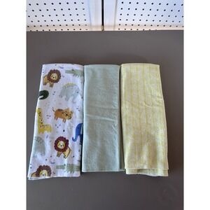 LOT/3 Parent's Choice Flannel Baby Blankets Neutral Animals Yellow Green Cotton